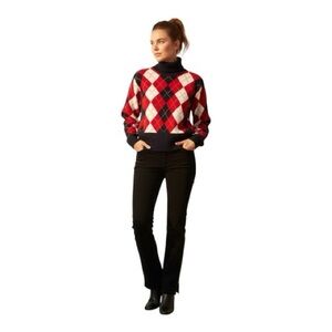 Jones New York Argyle Lambswool Turtleneck Wide Banded Waist Academia Warm Cozy